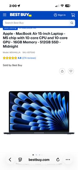Apple - MacBook Air 15-inch Laptop - M5 chip with 10-core CPU and 10-core GPU - 16GB Memory - 512GB SSD - Midnight