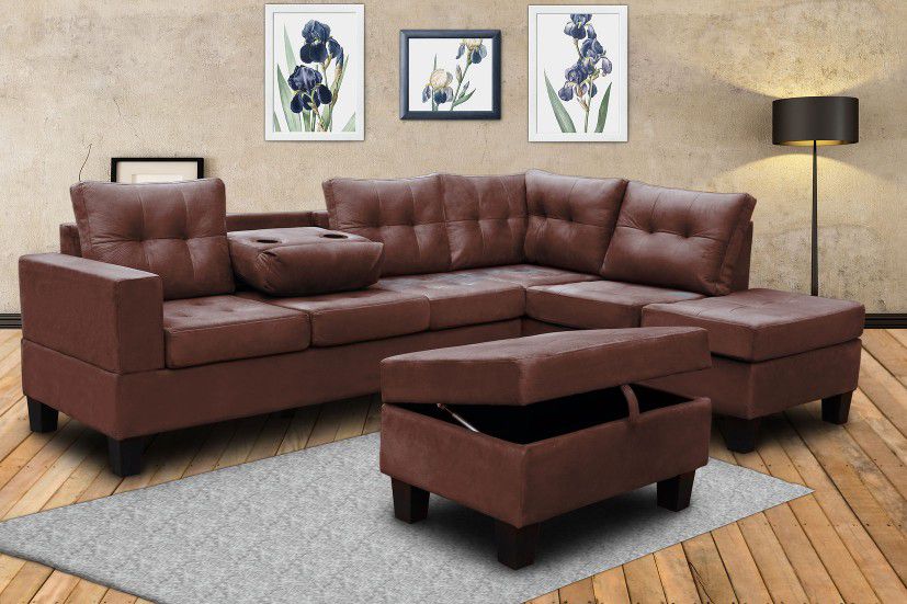 BROWN OR GREY SECTIONAL WITH OTTOMAN 