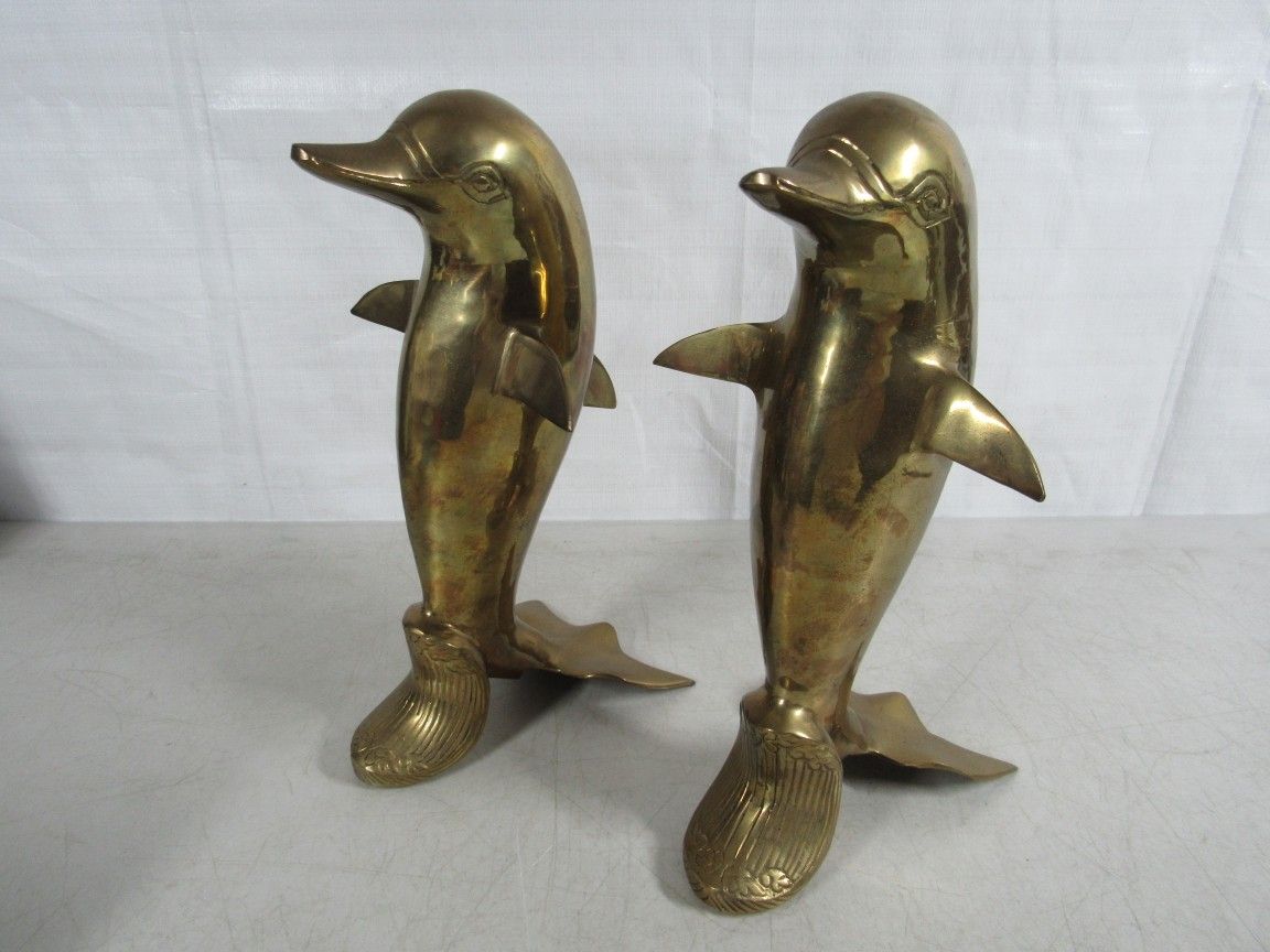 Dolphins Solid Brass Pair Standing Ridding Wave Home Decor Statues 11"