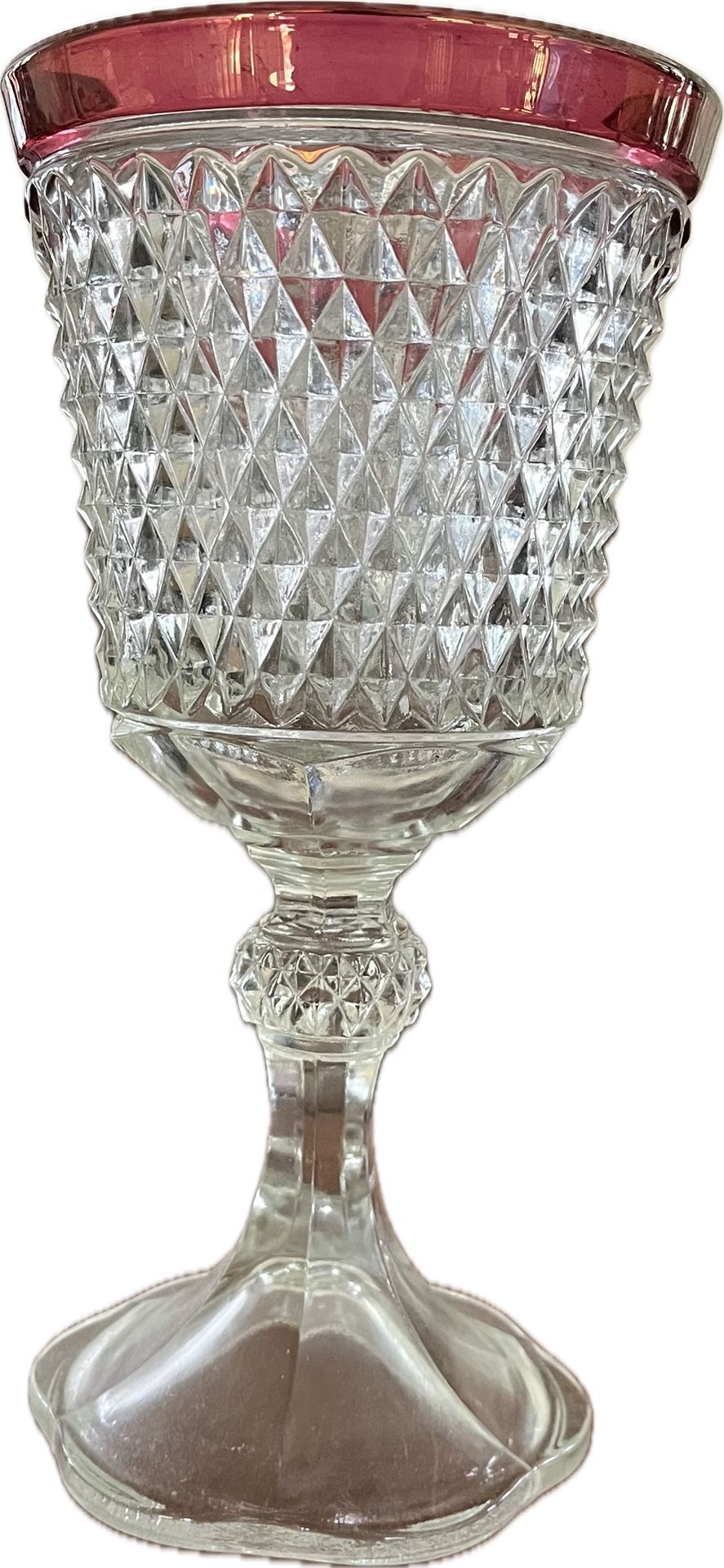 Vintage Indiana Glass Diamond Point Footed Urn/Compote With Cranberry Flash 11”