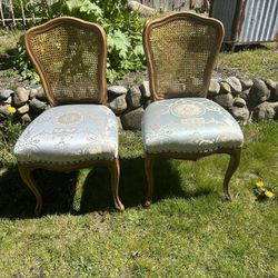 Pair Of French Caned Back Chairs With Blue And Gold Upholstery