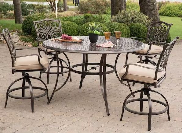 Traditions 5-Piece Aluminum Round Outdoor High Dining Set with Swivel Chairs with Natural Oat Cushions
