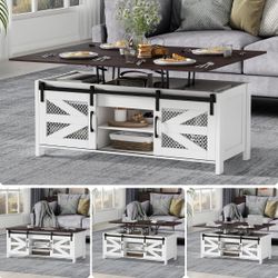 47.2" Lift Top Coffee Table, 4 in 1 Farmhouse Coffee Table with Sliding Barn Doors, Coffee Tables for Living Room, Dining Room (White)