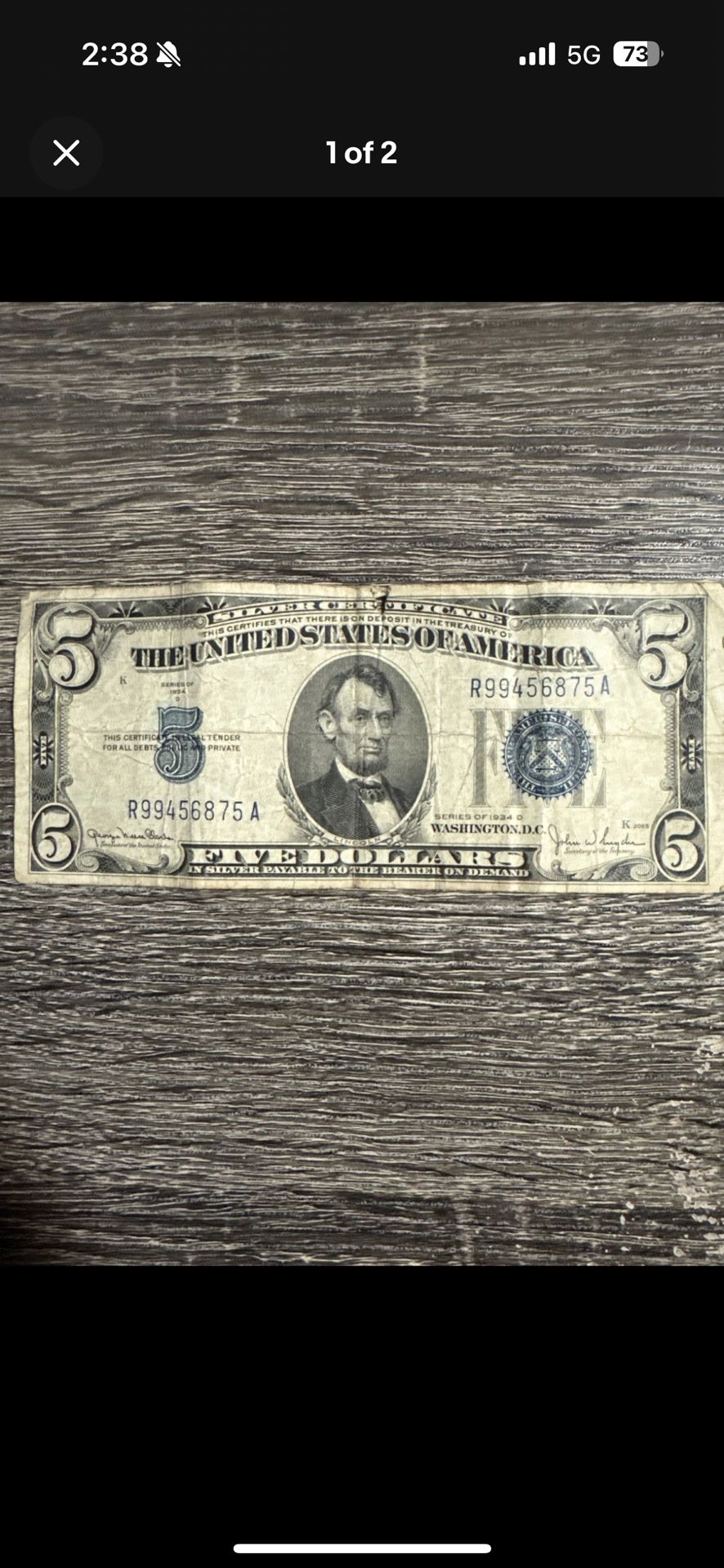 1934 $5 BLUE SEAL SILVER CERTIFICATE AU