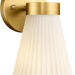 Gold Wall Sconce, HWH Single Wall Light Fixture Brushed Gold Wall Lamp with Frosted Milk White Striped Glass Shade, Modern Indoor Wall Sconce for Kitc