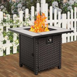 50000 BTU Brown Wicker Gas Fire Pit Outdoor Fire Pit Table 30 Inch Fire Pits for Outside with Woodgrain Marble Tabletop Fire Pit Cover and Blue Crysta