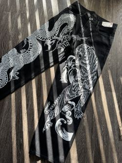 Denim Custom Jeans, Black Jeans Hand Painted, Tiger, Japanese Style, Streetwear Pants, Art Jeans For Men