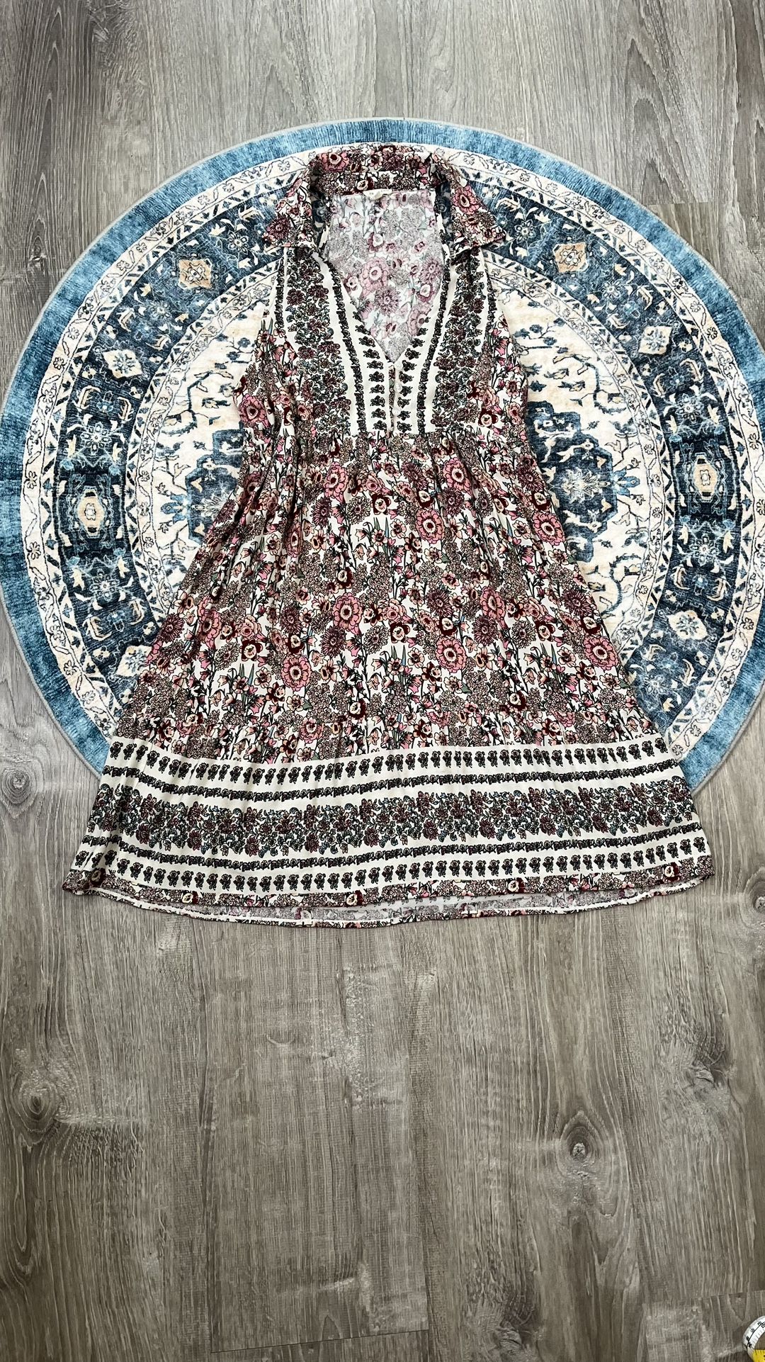 En Crème Small White Green Pink Collared Flowy Boho Tank Mini Baby Doll Dress