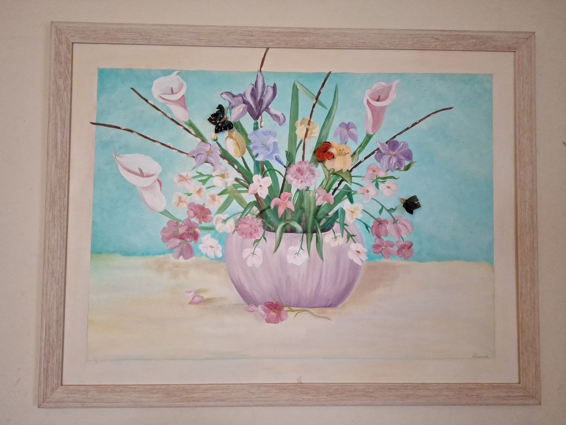 43x33 wood framed painting of a floral arrangement in a vase with butterflies