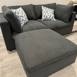 New Modular Cloud Loveseat With Storage Ottoman & Slipcovered Cushions