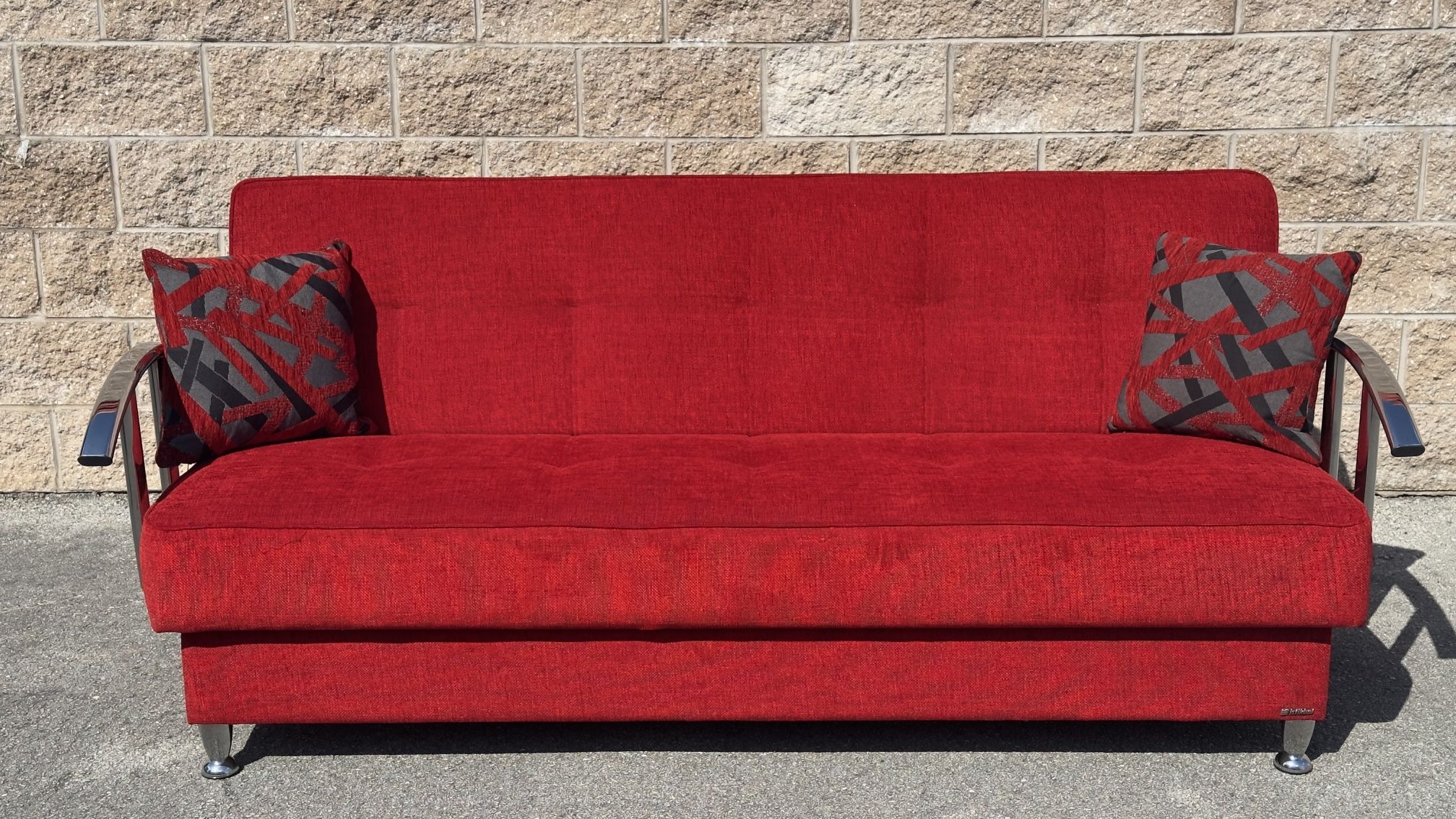 BETSY RED FABRIC SOFA BED FUTON w STORAGE & CHROMED ARMS by ISTIKBAL - delivery is negotiable