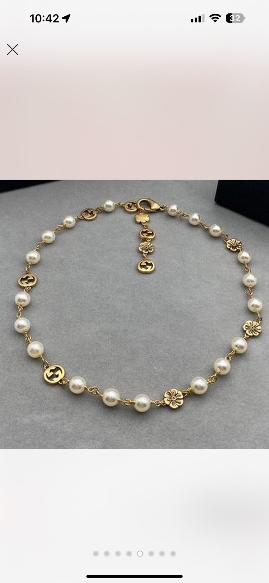 GG Pearl Necklace Gold GG Logo With Flower Design With Dust Bag