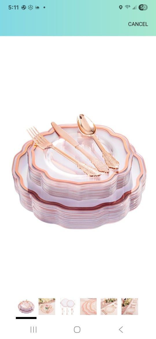 NOCCUR 150PCS Rose Gold Plastic Plates&Rose Gold Silverware-Include 30Dinner Plates, 30Salad plates, 90 Disposable Rose Gold Utensils- Ideal for Weddi