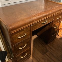 Antique Art Deco Walnut Waterfall Kneehole Writing Desk Vanity Dressing Table