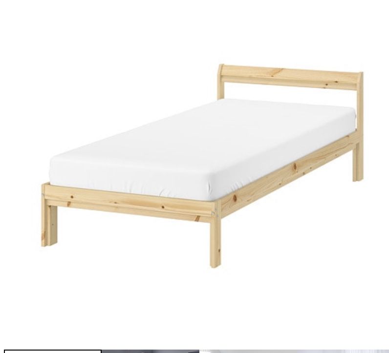 IKEA twin wooden bed frame with slatted base and mattress