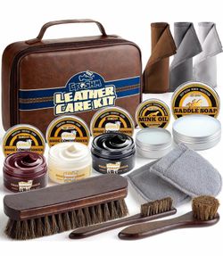 Shoe Shine Kit & Cleaning – 13PCS Leather Boot Care with Lanolin Polish (Black/Brown/Neutral), Saddle Soap 3.53oz, Mink Oil, Horsehair Brushes – Water