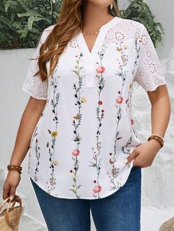 EMERY ROSE XXL Plus Size Women'S Printed Hollow Out White Floral Shirt For Spring
