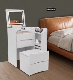 24.5” Makeup Desk with Mirror and Extra Cabinet for Bedroom Flip Top Mirror with Light and 3 Drawers Top with 6 Compartments Storage,White