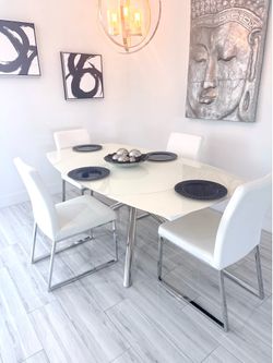 Adjustable White Glass Dining Table with Chairs