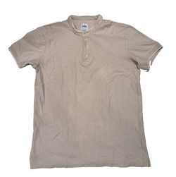 ZARA Men’s SZ M Textured Beige Pique Henley Striped Polo Shirt Short Sleeve
