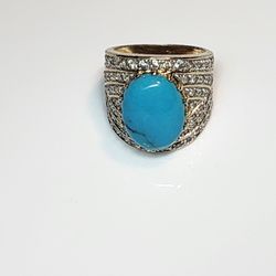 Vintage Sterling 8ct Turquoise Cab & 5.3ct Pave Crystal Cocktail 
Sz7
