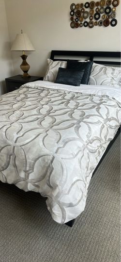 Queen Bed with Black Wood Headboard