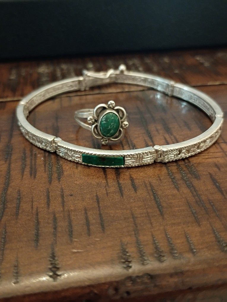 Perú 925 Sterling Silver Bracelet & Ring Set Green Stones