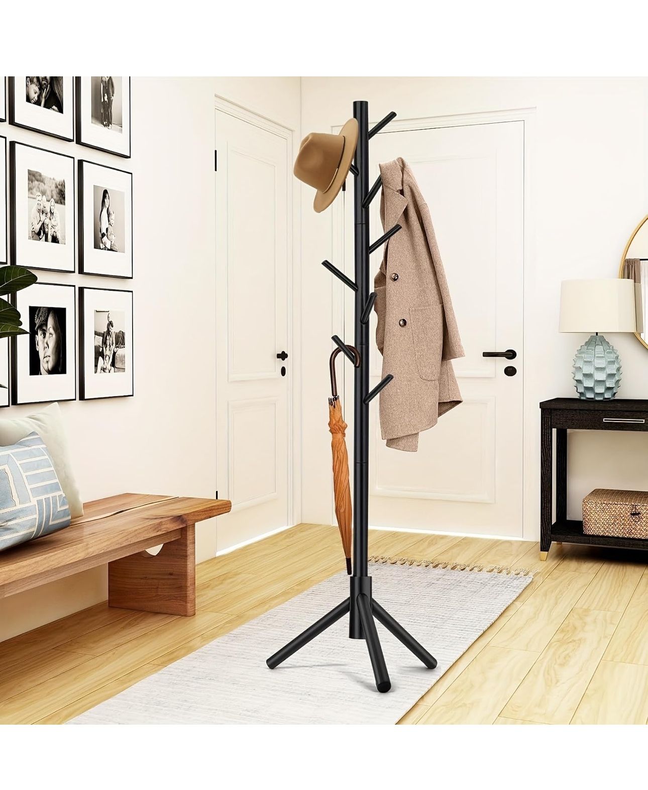 8 Hooks and 3 Adjustable Size Free-Standing Tree Hangers for Bedrooms Dorm Corridors Entrances Offices for Hats Coats Scarves Handbags,Wooden Coat Tre