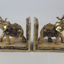 Indian Asian Elephant Jeweled Bookends Sculptured Home Decor