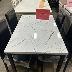 Citico 5-Piece Metal Dinette Set with Laminated Off-white Or Black  Faux Marble Top, 4 Black Chairs