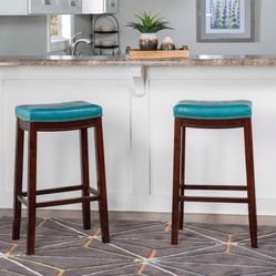 Counter Stool in Blue Leatherette & Brown Wood