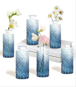 Diamond Bud Vases Flowers Vases Bluk Gradient Blue, Clear Glass Flower Vases, 5.2 in Vintage Bottle for Table Decoration, Wedding Recepetion, Home Dec