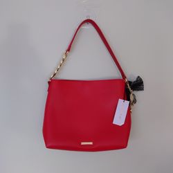 Madden Girl Hobo Leather Mixture Gold Metal Chain&leathe Strap Shoulder Bag Red