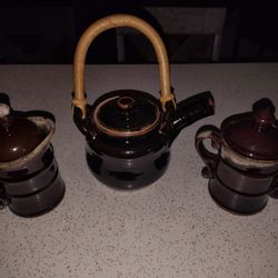 Vintage Ceramic 3 piece Teapot, Creamer and Sugar Set w/ Bamboo Handle 