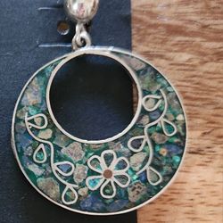 Vintage SS Turquoise Malachite Inlay Earrings