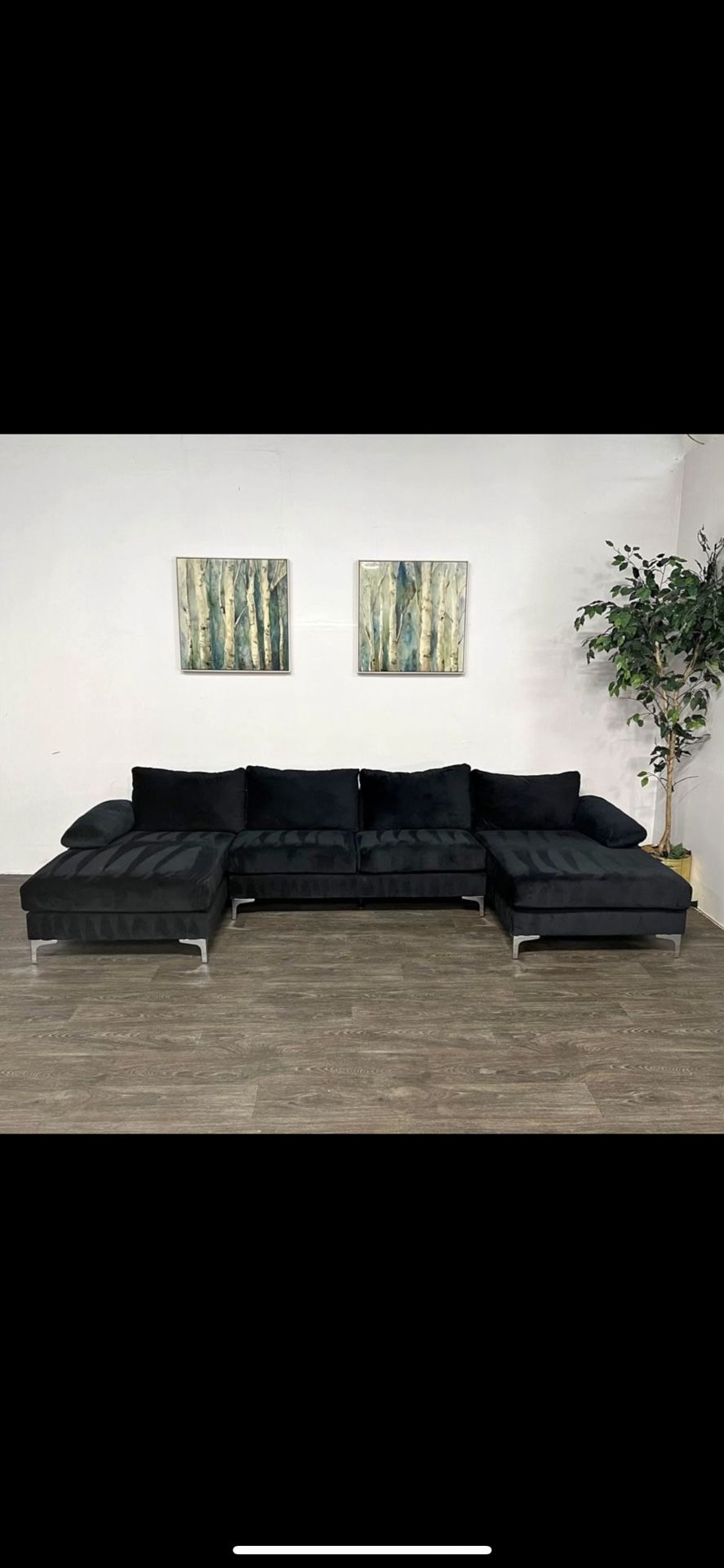 Black Double L Shaped Velvet Couch 