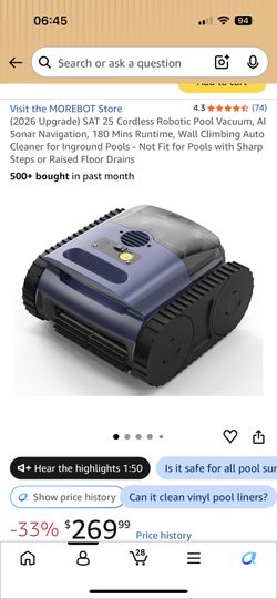 (2026 Upgrade) SAT 25 Cordless Robotic Pool Vacuum, AI Sonar Navigation, 180 Mins Runtime, Wall Climbing Auto Cleaner for Inground Pools - Not Fit for