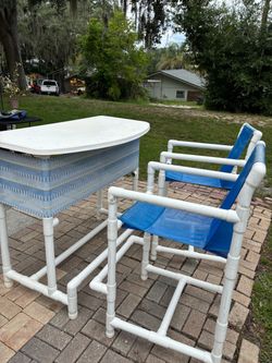 PVC Pipe Outdoor Chairs with Blue Mesh Seating – Set of 2