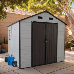8x8x7.6FT Outdoor Resin Storage Shed with Windows, Strong Aluminum Frame & Floor for Garden, Backyard Organization (White+Brown)