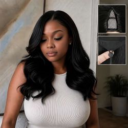 aliannabelle V Part Wig Human Hair Body Wave Upgrade U Part Human Hair Wig with Drawstring 200% Density Glueless Clip in Half Wig for Black Women 18 I