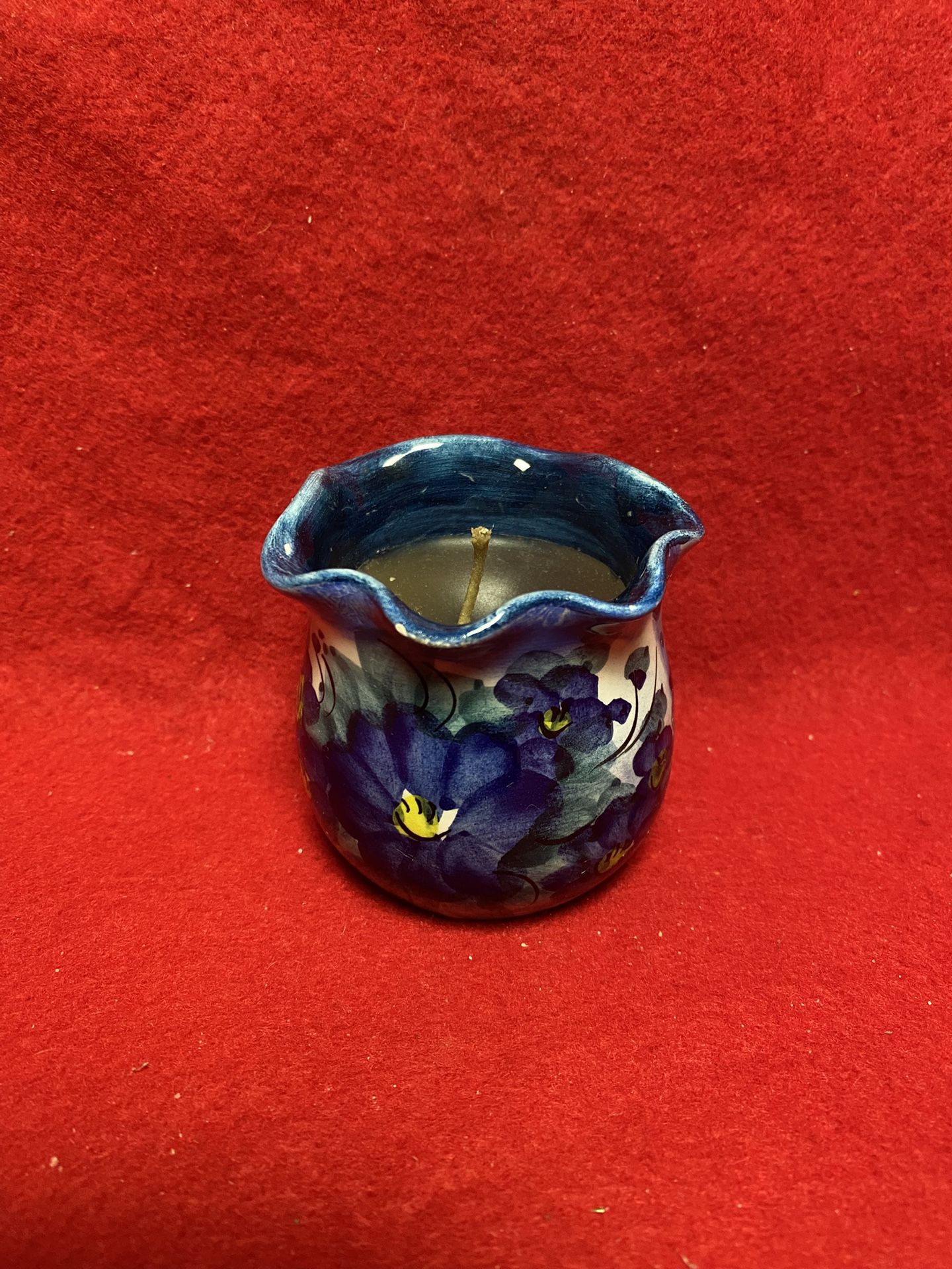 2.5 Inch Handmade Hand Painted Blue Ceramic Greek Candle Imported From Greece