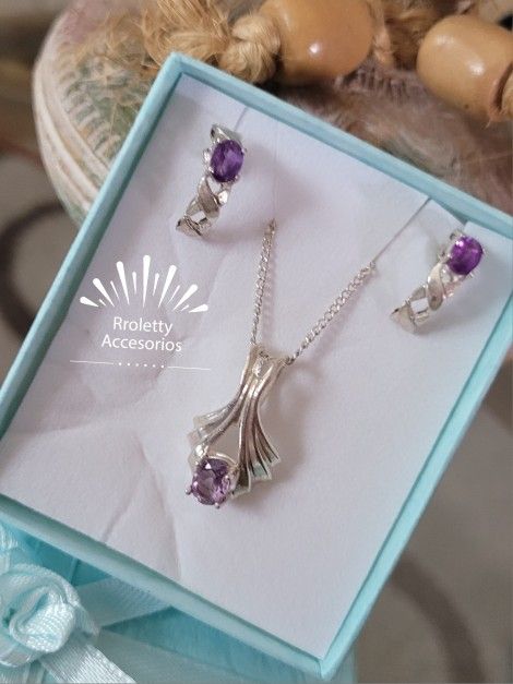 Sterling Silver 925 Necklace And Earrings Set Amethyst Stone