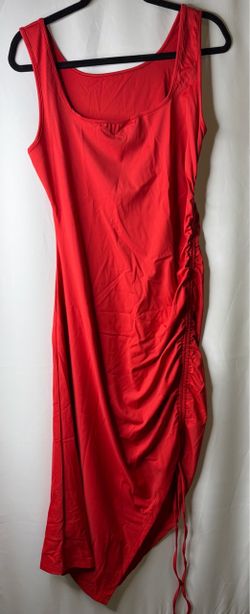 OYS Women Summer Split Bodycon Ruched Midi Tank Dress Sleeveless, - RED- Square Neck,Side Adjustable Drawstring, Sexy, Basic, Classic, Cute, Casual