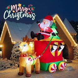 6Ft Christmas Inflatable Santa Claus Sleigh Reindeer with Penguin & Tree Outdoor Christmas Decorations - Christmas Blow Up Yard Decorations Built-in L
