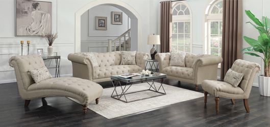 Chesterfield Sofa Set- Linen Like Oatmeal Fabric. Brand New!