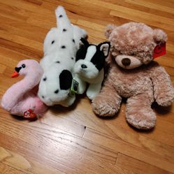New 4 Stuffed Animals Plush 2 Puppy Dogs 1 Teddy Bear 1 Beanie Babies Swan
