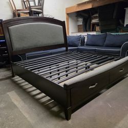 Espresso / Gray Upholstered King Size Platform Bed Frame with Drawers