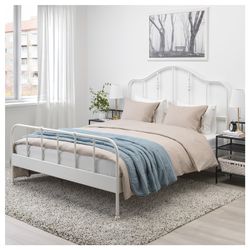 Ikea King Bed Frame with Mattress – White Metal Frame & Firm Mattress