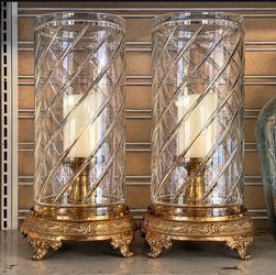 2 Castilian Imports Brass Cut Crystal Pillar Hurricane Candle Holders 19" x 9”