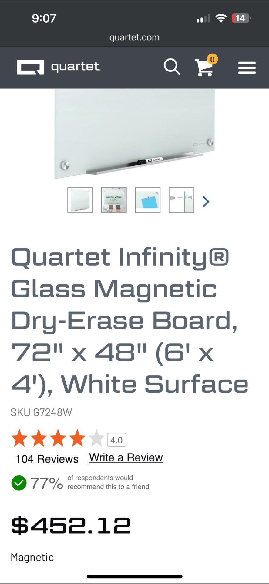 6ft by 4ft Glass Dry Erase Board. Magnetic Also.